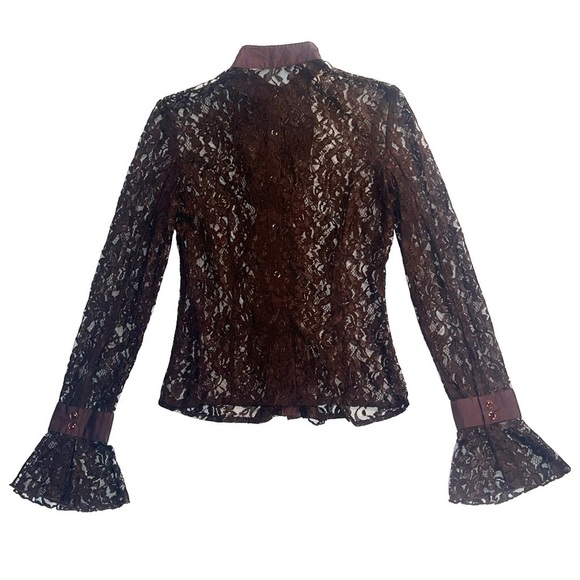 Princy by Jessica Simpson Y2K Brown Sheer Lace Ruffle Button Down Blouse - Picture 3 of 8